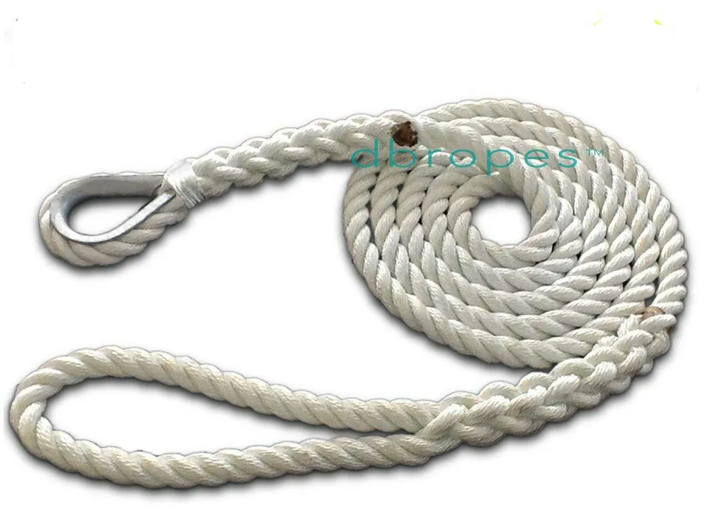 DBROPES 5/8" x 6'  3 Strand Mooring Pendant Line 100% Nylon High Quality Rope with Stainless Steel Thimble. Made in USA .