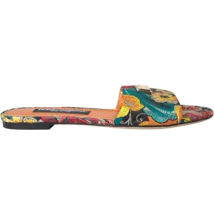 Dolce & Gabbana Multicolor Floral Brocade Logo Flats Sandals Shoes