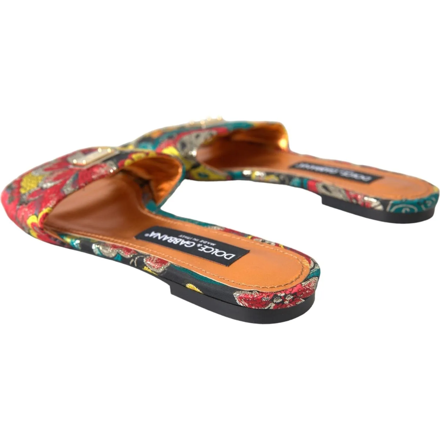 Dolce & Gabbana Multicolor Floral Brocade Logo Flats Sandals Shoes