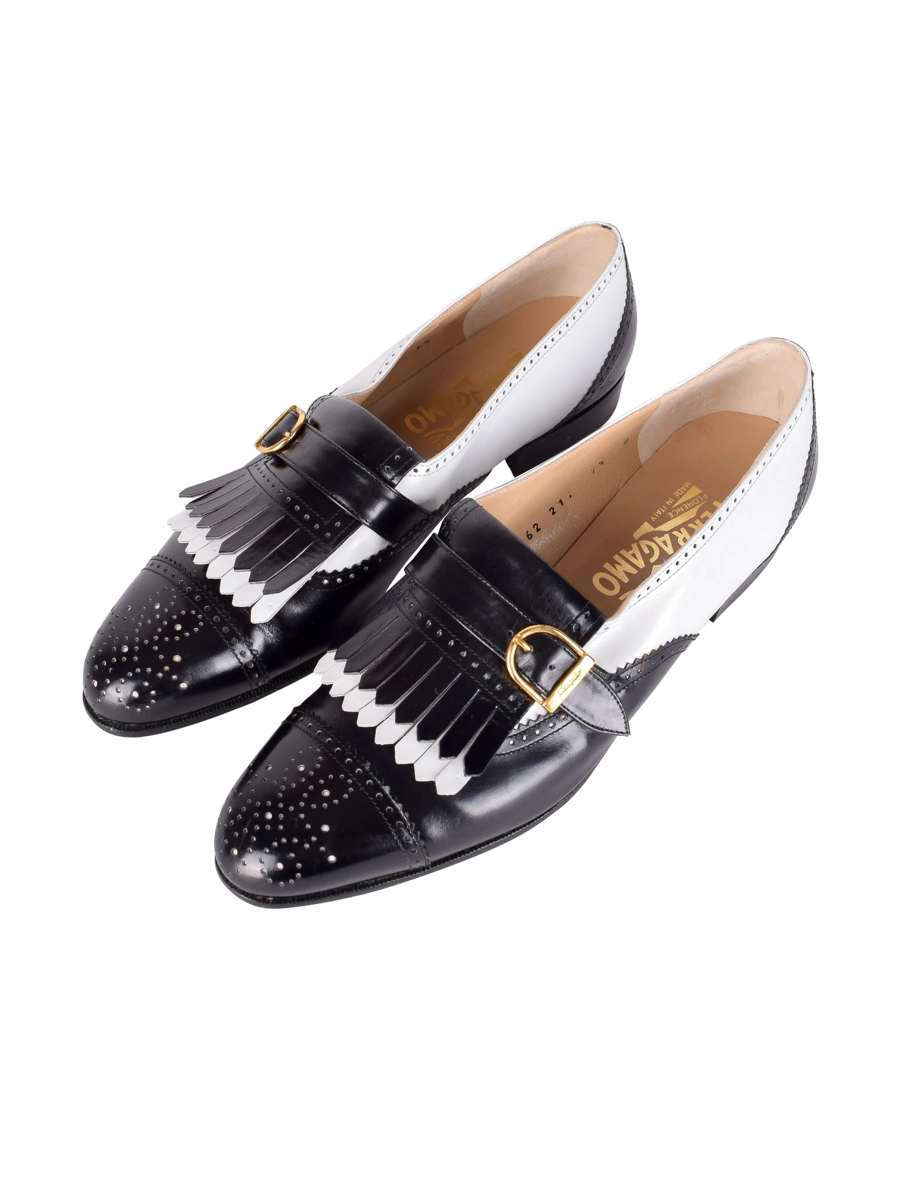 Ferragamo Vintage Black and White Leather Kiltie Buckle Shoes