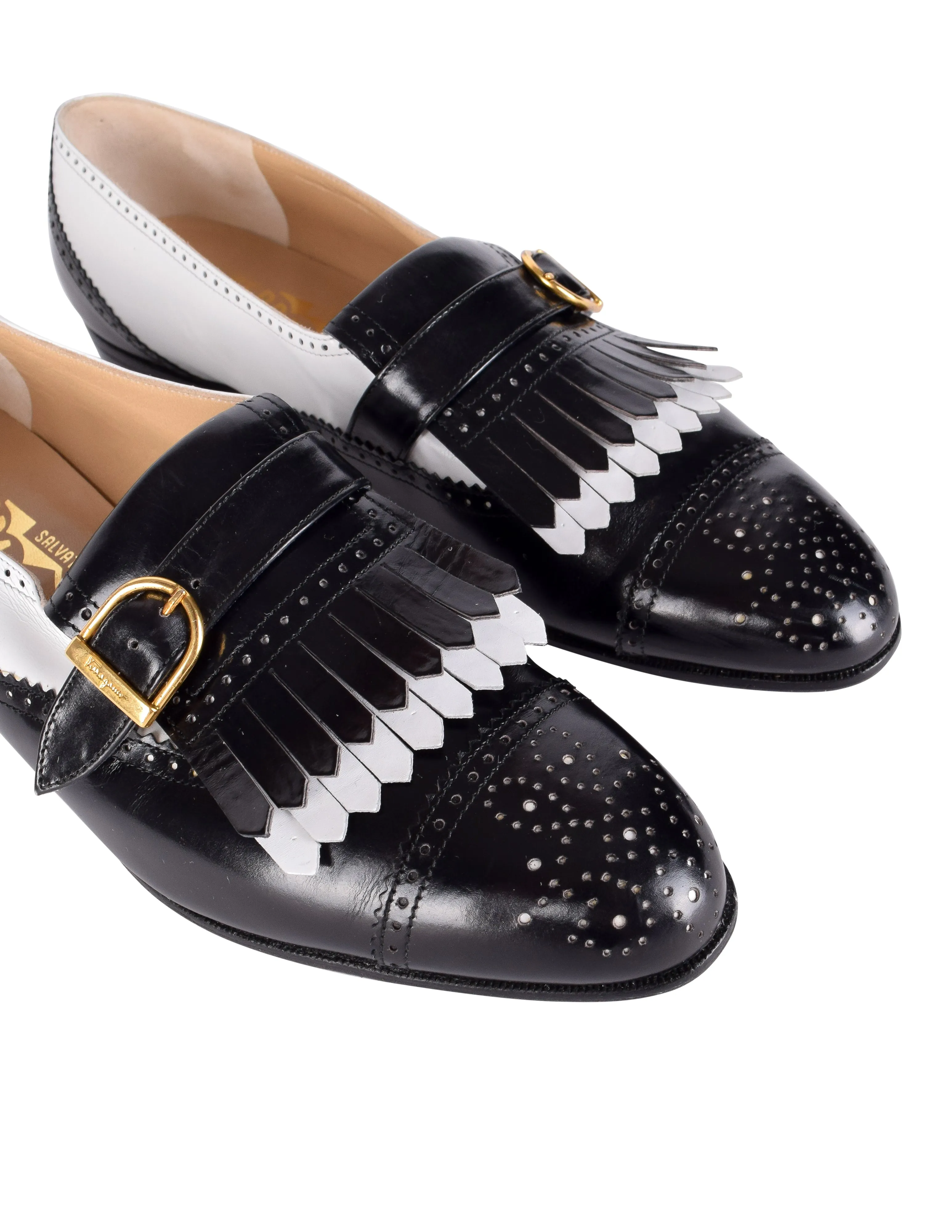 Ferragamo Vintage Black and White Leather Kiltie Buckle Shoes