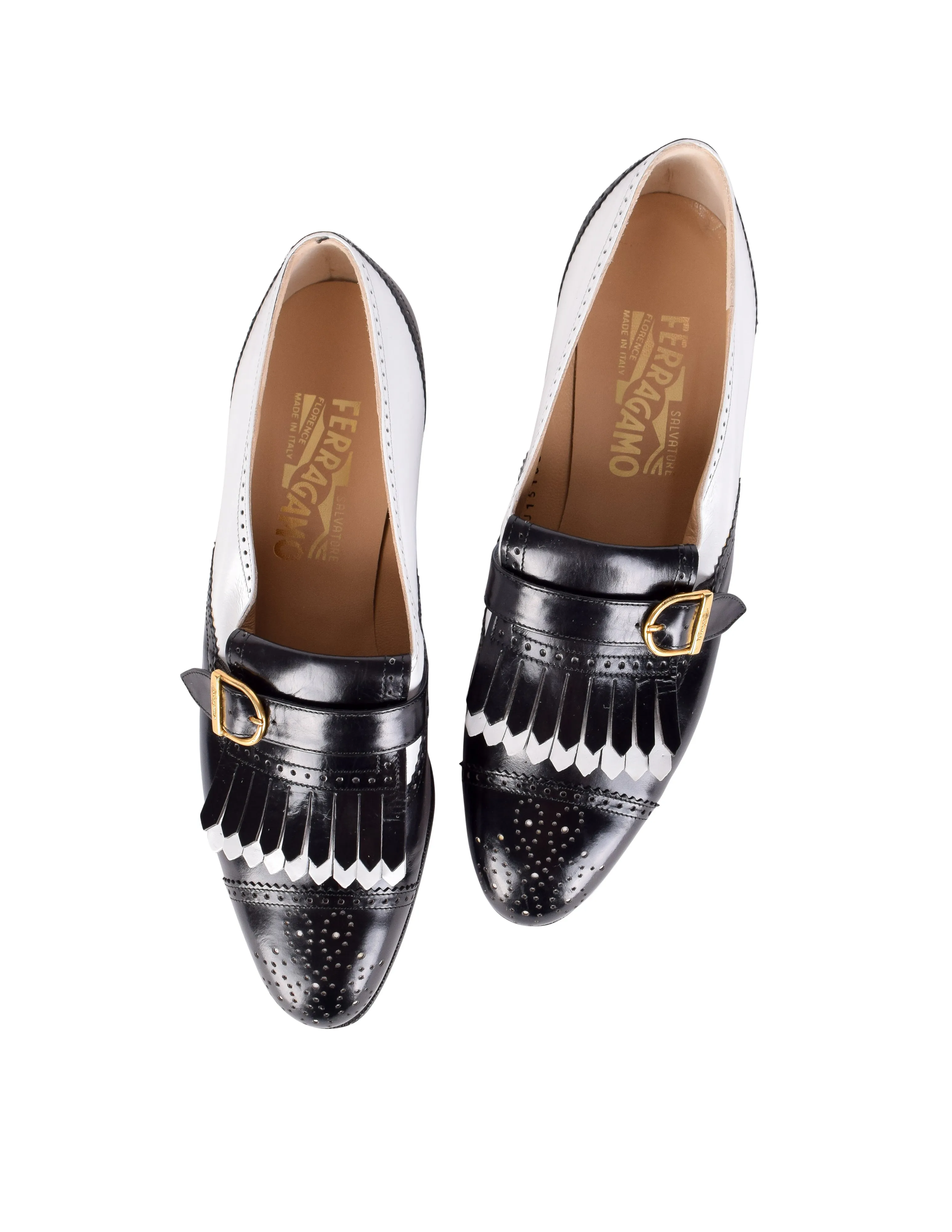 Ferragamo Vintage Black and White Leather Kiltie Buckle Shoes