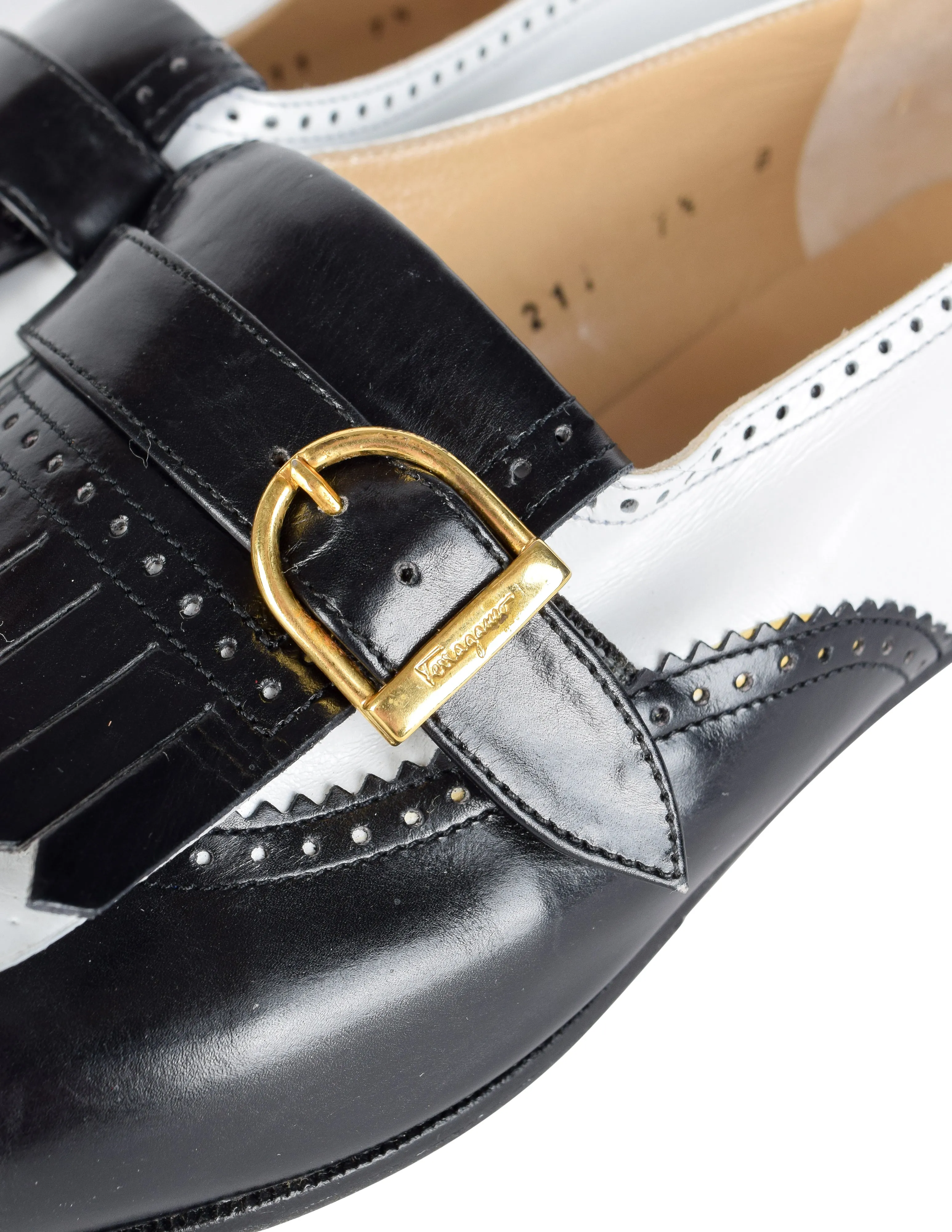 Ferragamo Vintage Black and White Leather Kiltie Buckle Shoes