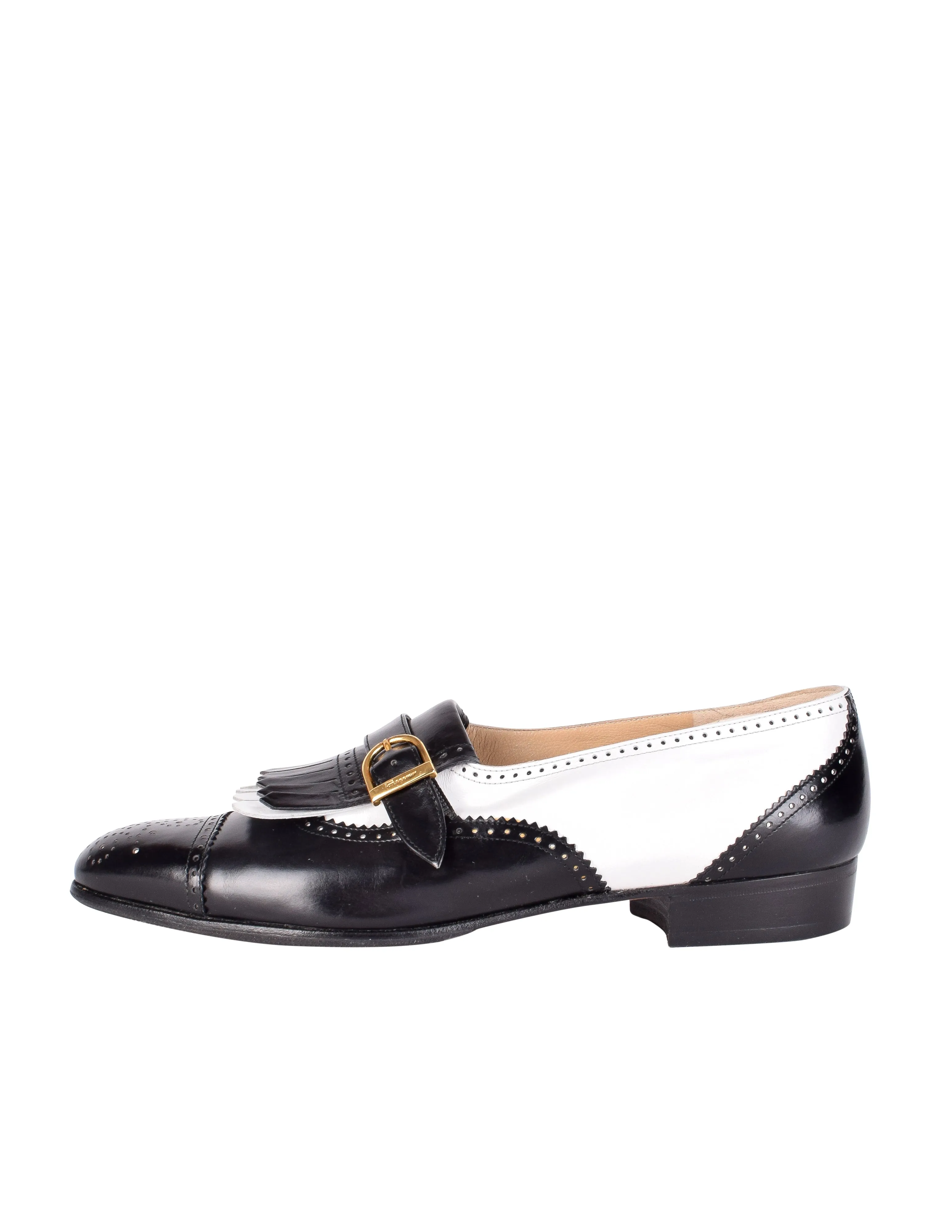 Ferragamo Vintage Black and White Leather Kiltie Buckle Shoes