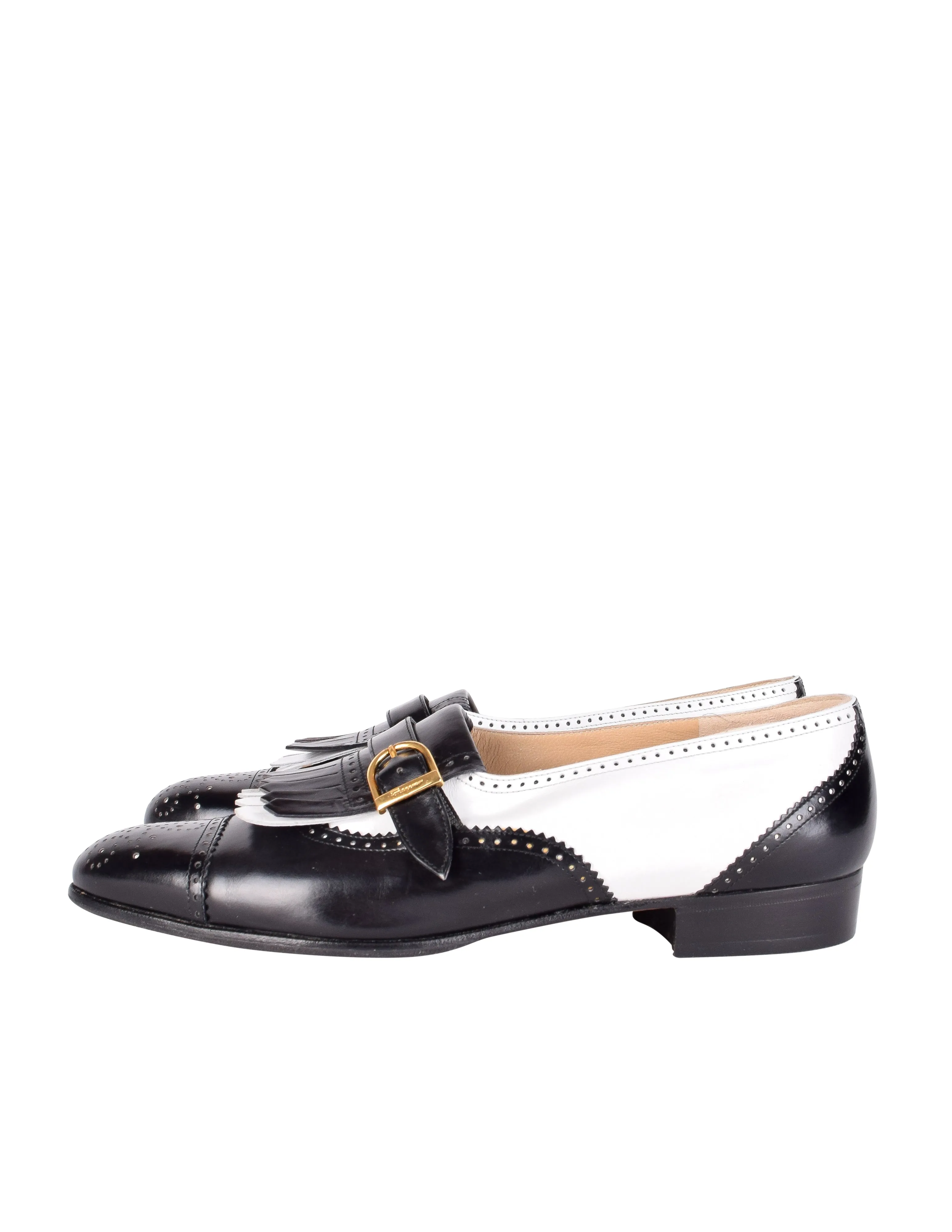 Ferragamo Vintage Black and White Leather Kiltie Buckle Shoes