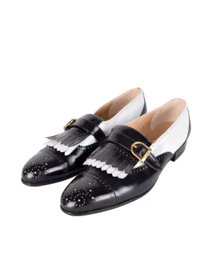 Ferragamo Vintage Black and White Leather Kiltie Buckle Shoes