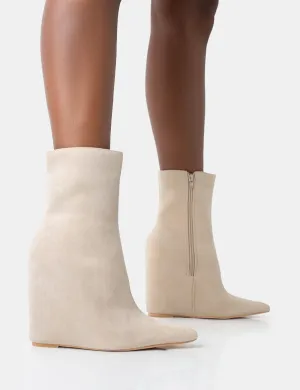 Getaway Beige Faux Suede Wedged Heeled Ankle Boot