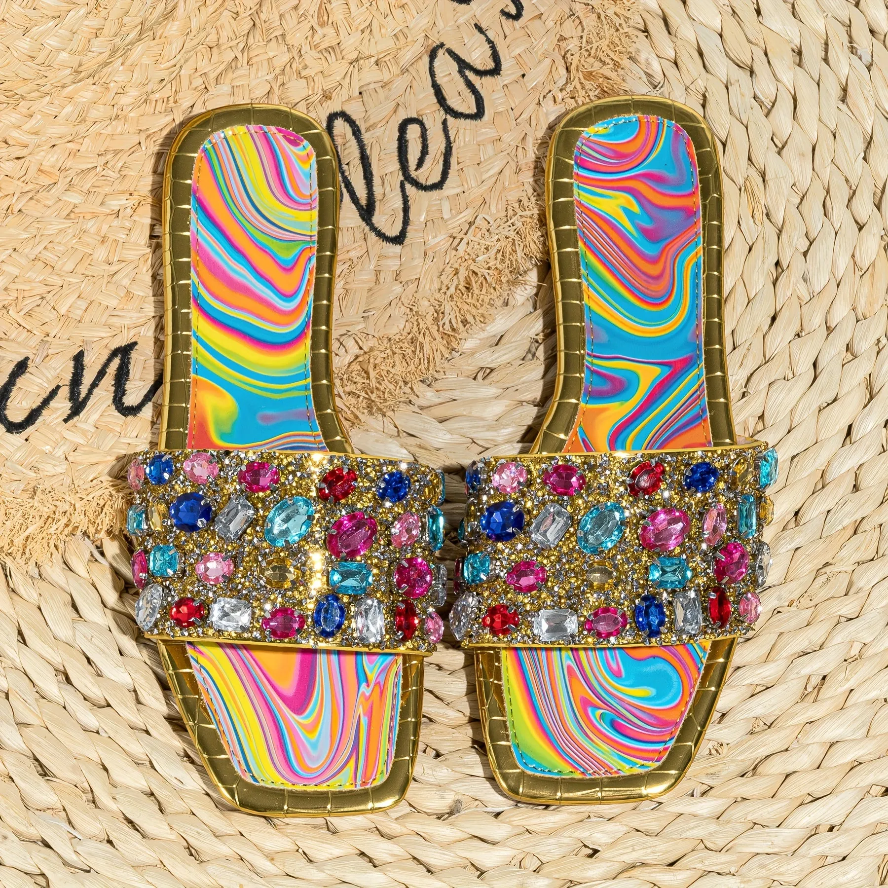 Glittering Rhinestone Slide Sandals for Women - Stylish Square Toe, Flat Comfortable Summer Shoes - Ultra-Lightweight & Fashion-Forward Accent