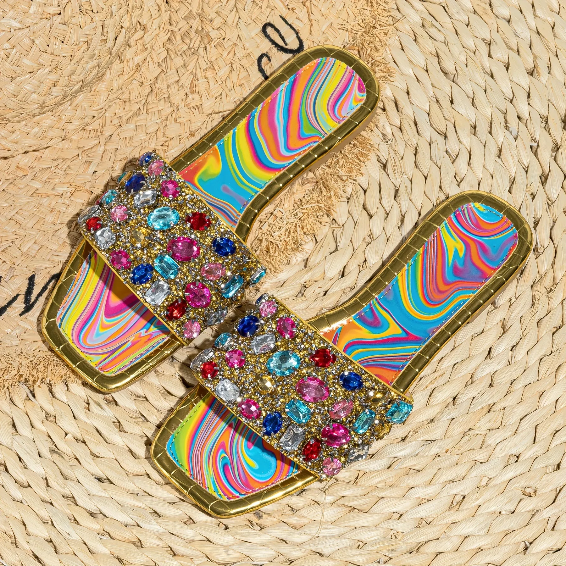 Glittering Rhinestone Slide Sandals for Women - Stylish Square Toe, Flat Comfortable Summer Shoes - Ultra-Lightweight & Fashion-Forward Accent