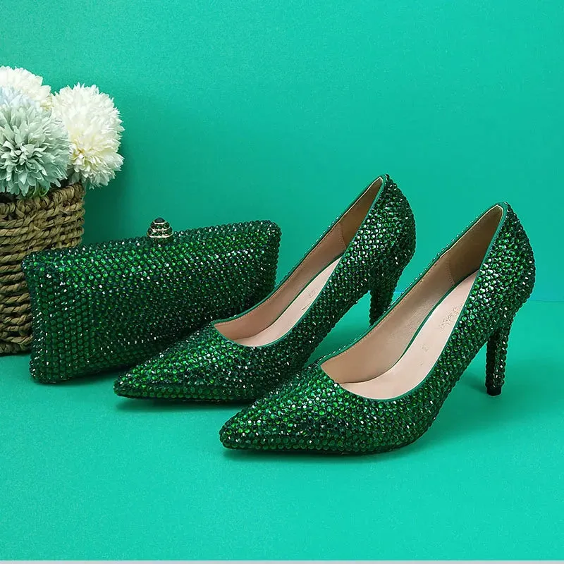 Green Crystal Pump Shoes and Matching Clutch Bag