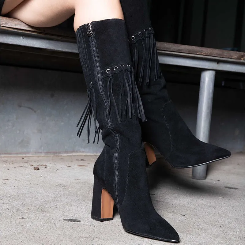 Italy Black Dress Boots with Fringe Detailing - Sophisticated and Stylish Footwear for Any Occasion