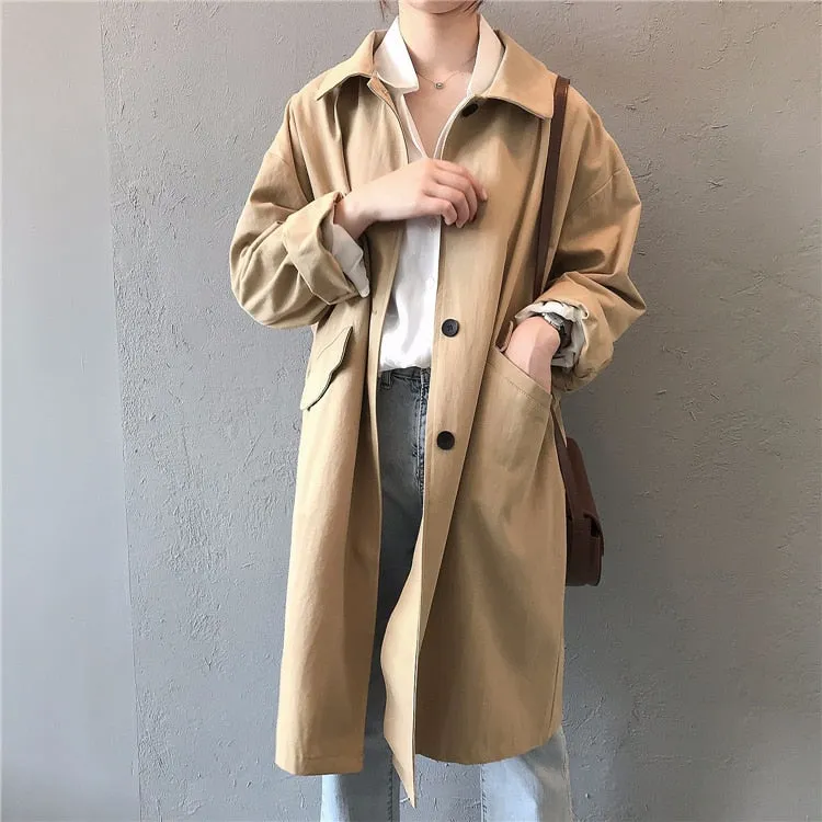 Joskaa New Autumn Women's Cargo Windbreaker Casual Vintage Pockets Outerwear Oversize Buttons Wild Long Trench Lady Tops JK0393