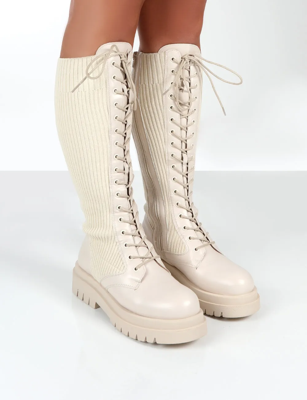 Joslyn Beige Knee High Chunky Lace Up Boots