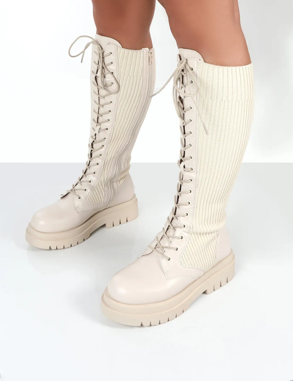 Joslyn Beige Knee High Chunky Lace Up Boots