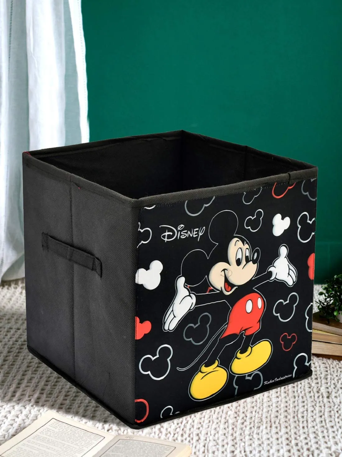 Kuber Industries Disney Mickey Mouse Print Non Woven Fabric Foldable Cloth Storage Box Toy, Books Wardrobe Organiser Cube with Handle (Black, Large) - 2 Pieces