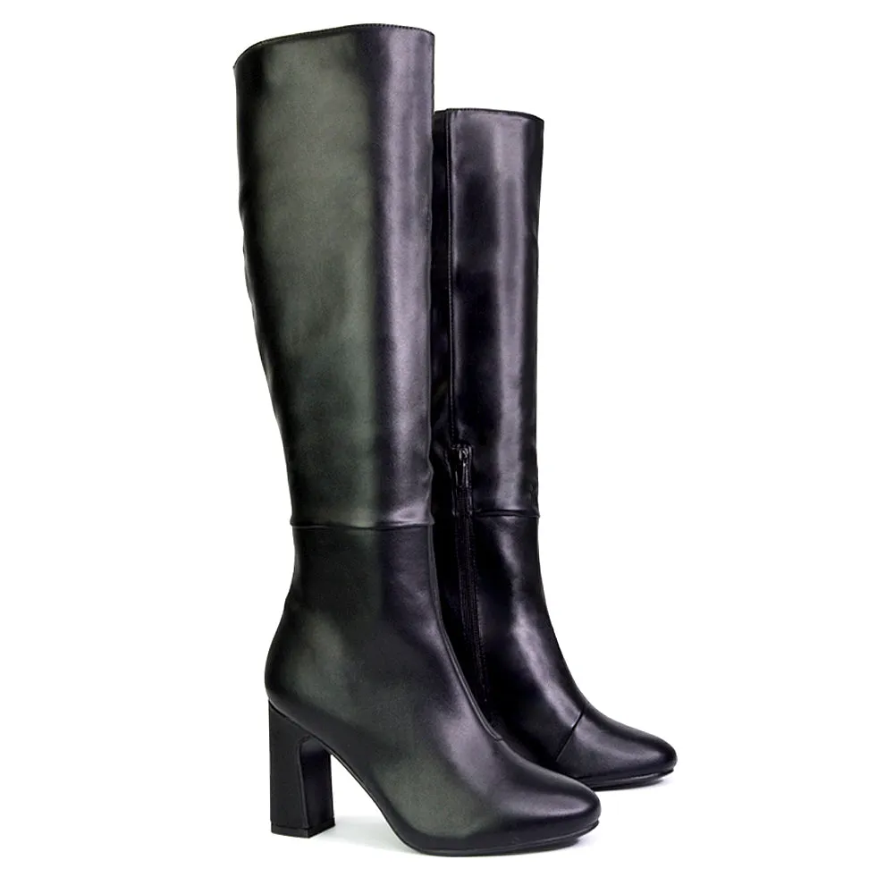 Lillia Winter Zip-up Long Block High Heel Knee High Boots in Black Synthetic Leather