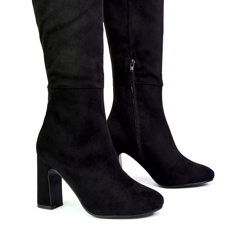 Lillia Winter Zip-up Long Block High Heel Knee High Boots in Black Synthetic Leather