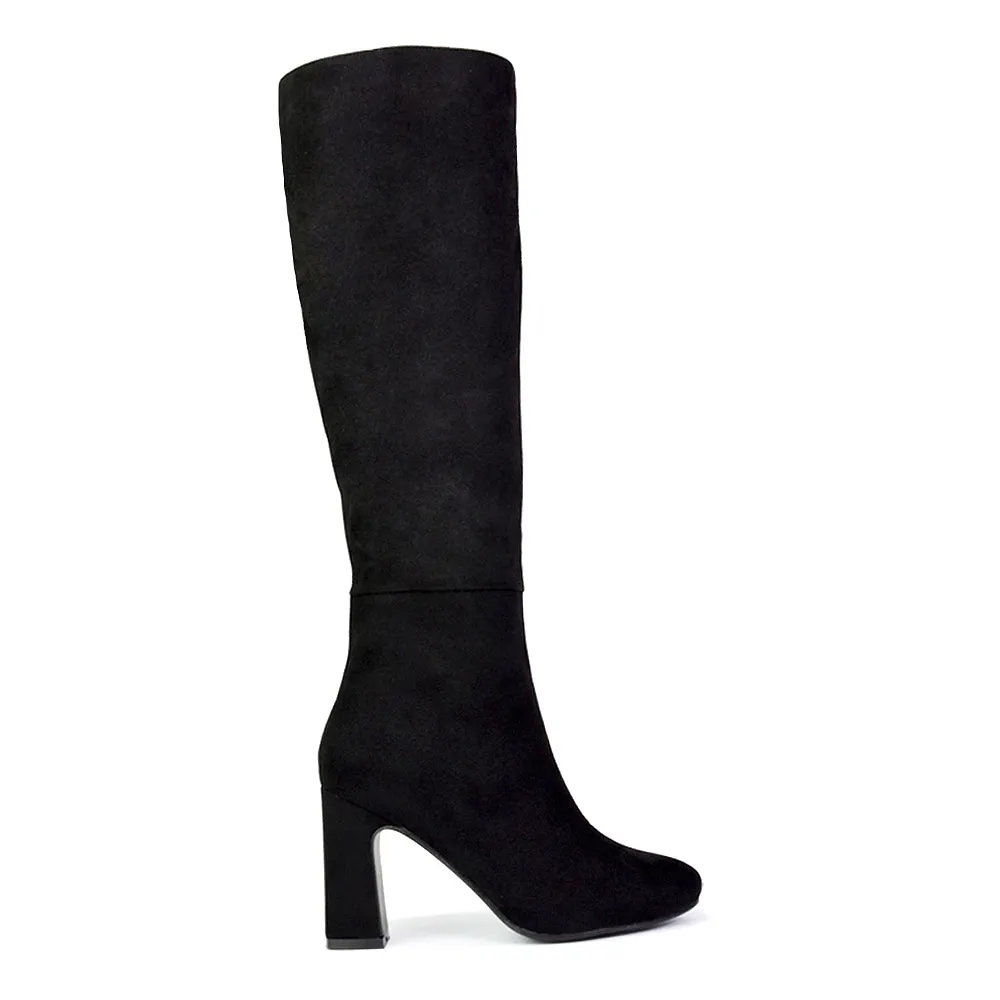 Lillia Winter Zip-up Long Block High Heel Knee High Boots in Black Synthetic Leather