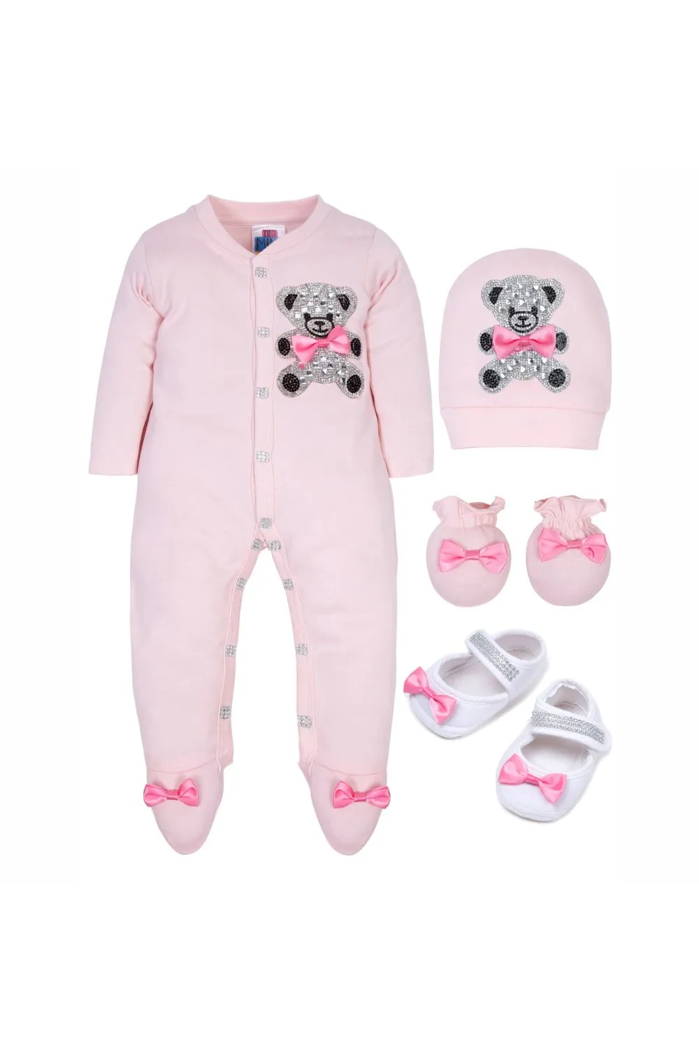 Pink Teddy Bear Embroidered Sleepsuit With Shoes Set