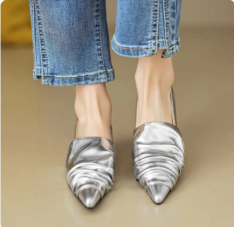 Pleated Pointed Toe Low Heel Shoes