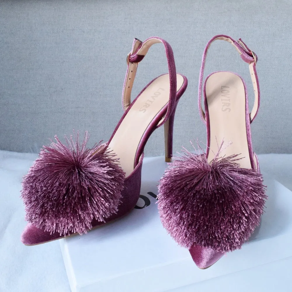 Pom Pom Slingback Stiletto Shoes