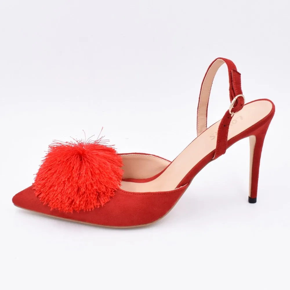 Pom Pom Slingback Stiletto Shoes