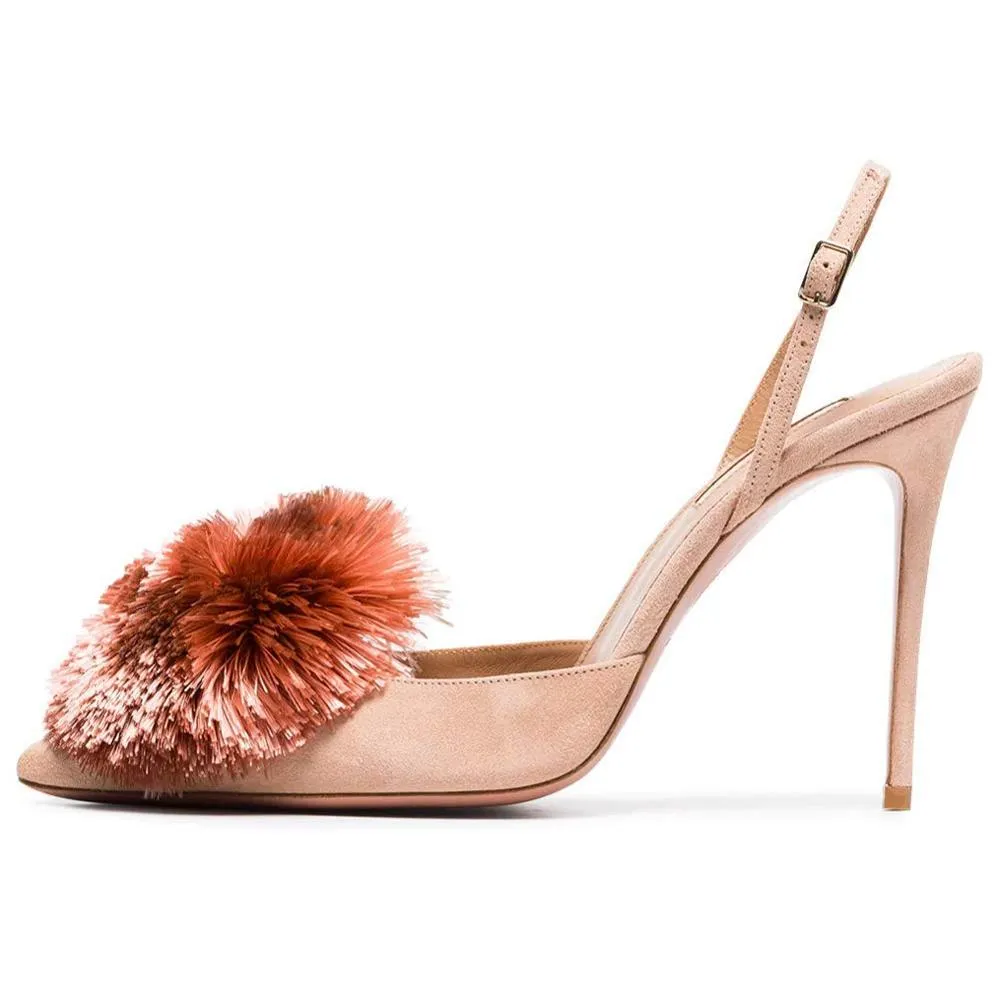 Pom Pom Slingback Stiletto Shoes