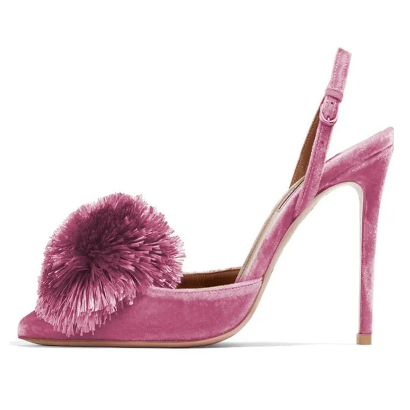 Pom Pom Slingback Stiletto Shoes