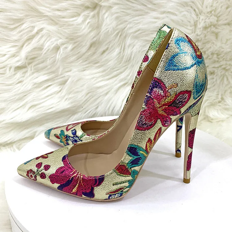 Pre Order:  Gold Embroidered Flower Pointed-Toe Shoes