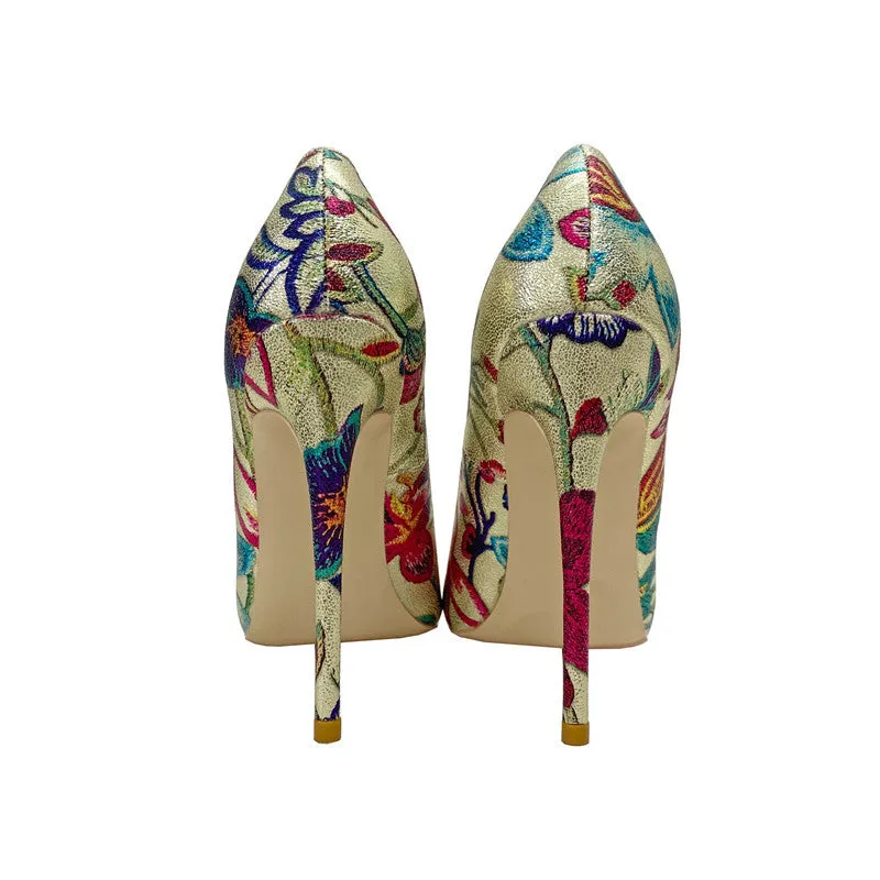 Pre Order:  Gold Embroidered Flower Pointed-Toe Shoes