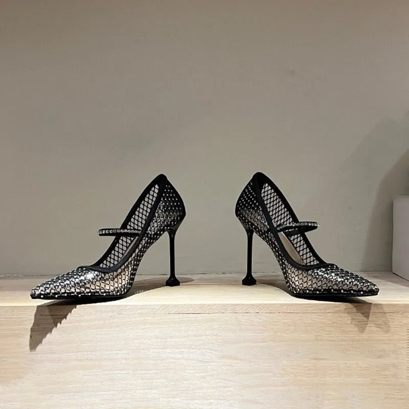 Rhinestones Mesh Pointed Toe High Heel Shoes