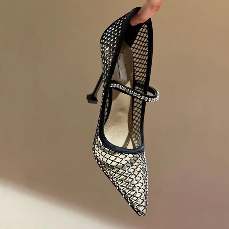 Rhinestones Mesh Pointed Toe High Heel Shoes