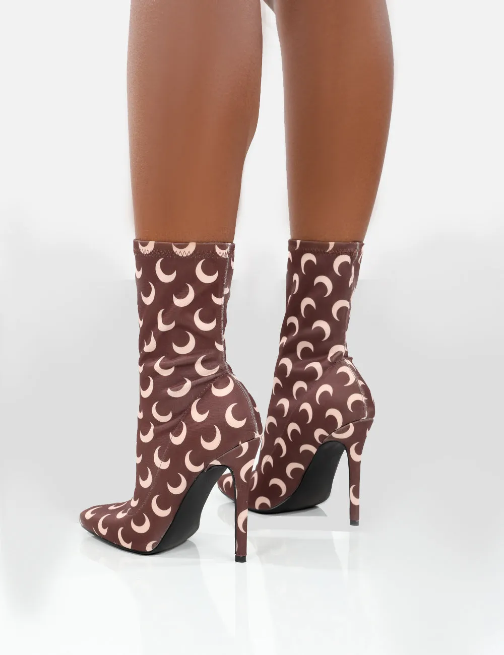 Saturn Return Wide Fit Brown Pointed Toe Stiletto Printed Sock Boots