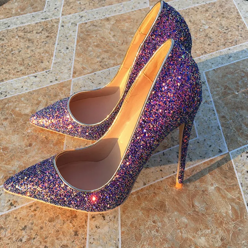 Sparkly Glitter Purple Sequinned Pointy Toe Stiletto High Heels 8-12cm