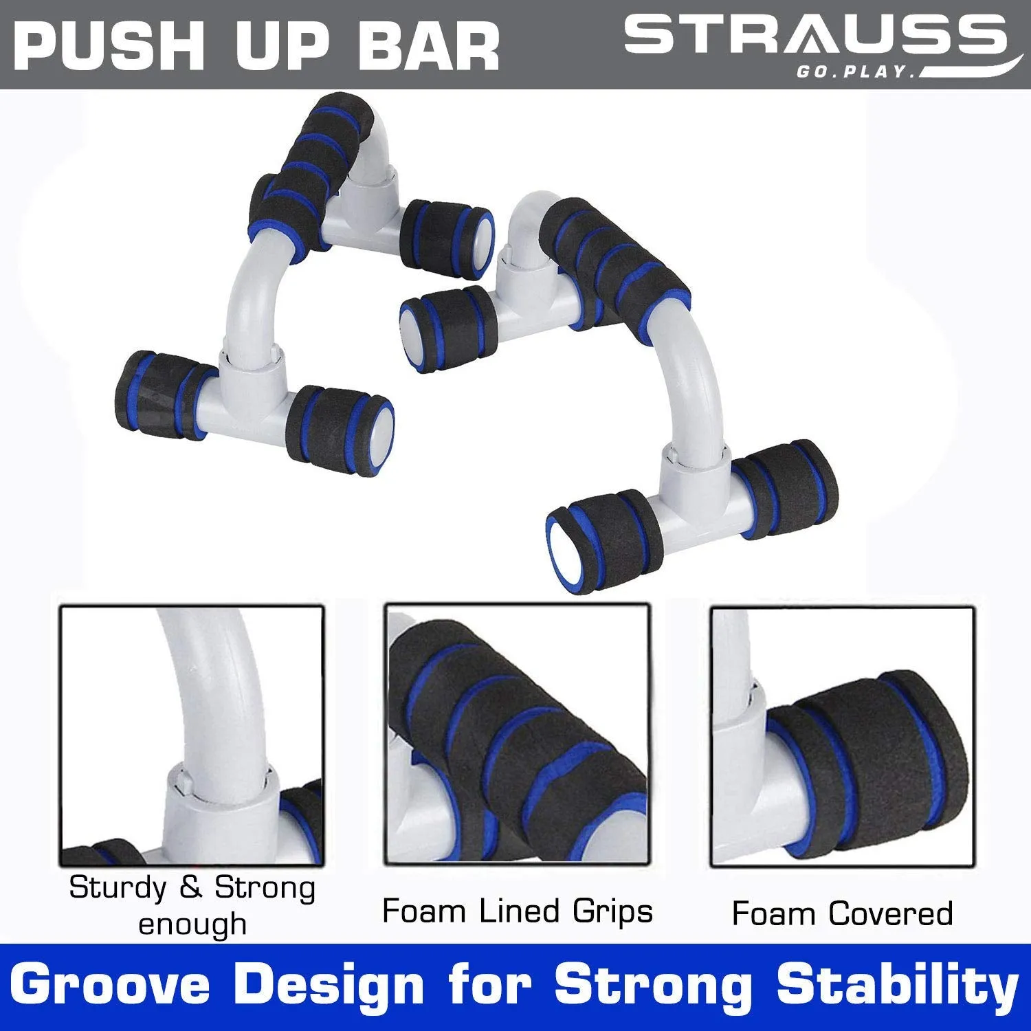 STRAUSS Heavy-Duty Plastic Adjustable Hand Grip Strengthener (Grey/Black) and Moto Push Up Bar, Pair (Black/Blue)