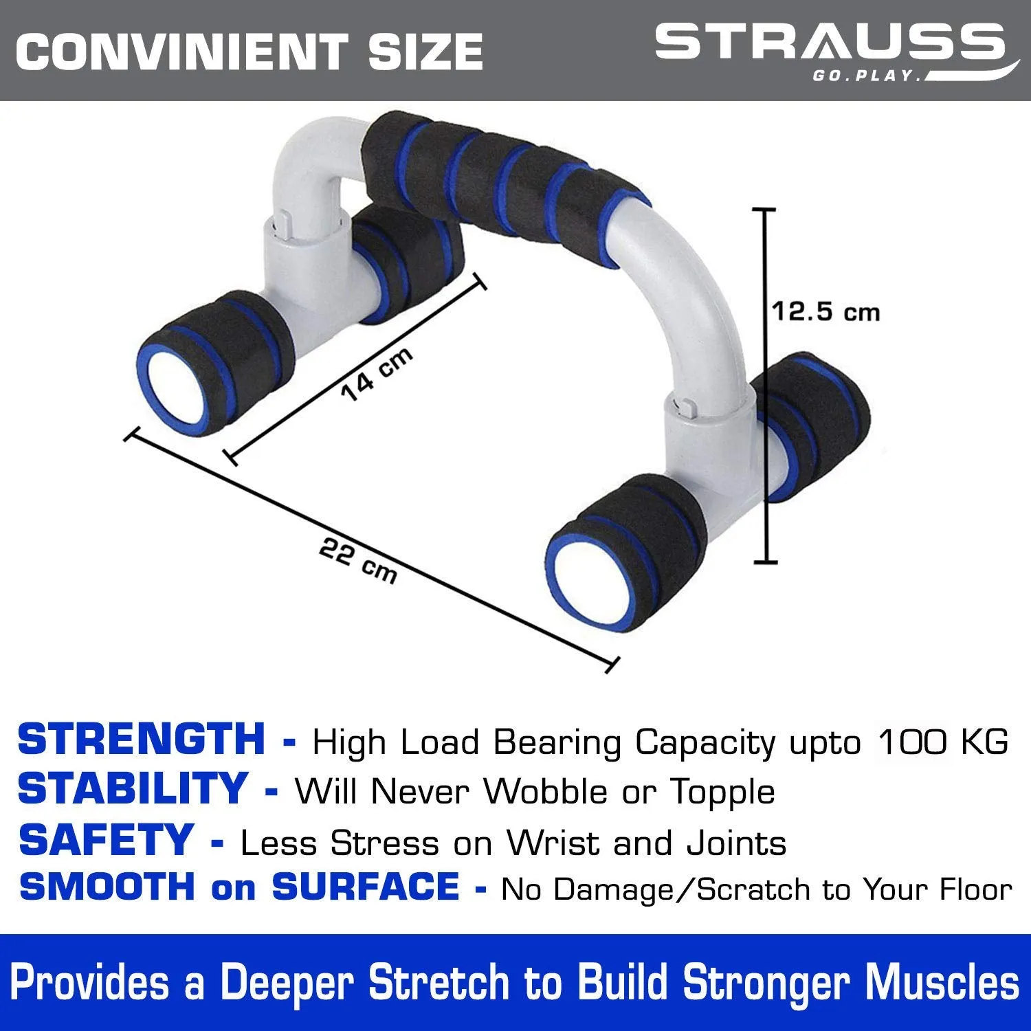 STRAUSS Heavy-Duty Plastic Adjustable Hand Grip Strengthener (Grey/Black) and Moto Push Up Bar, Pair (Black/Blue)