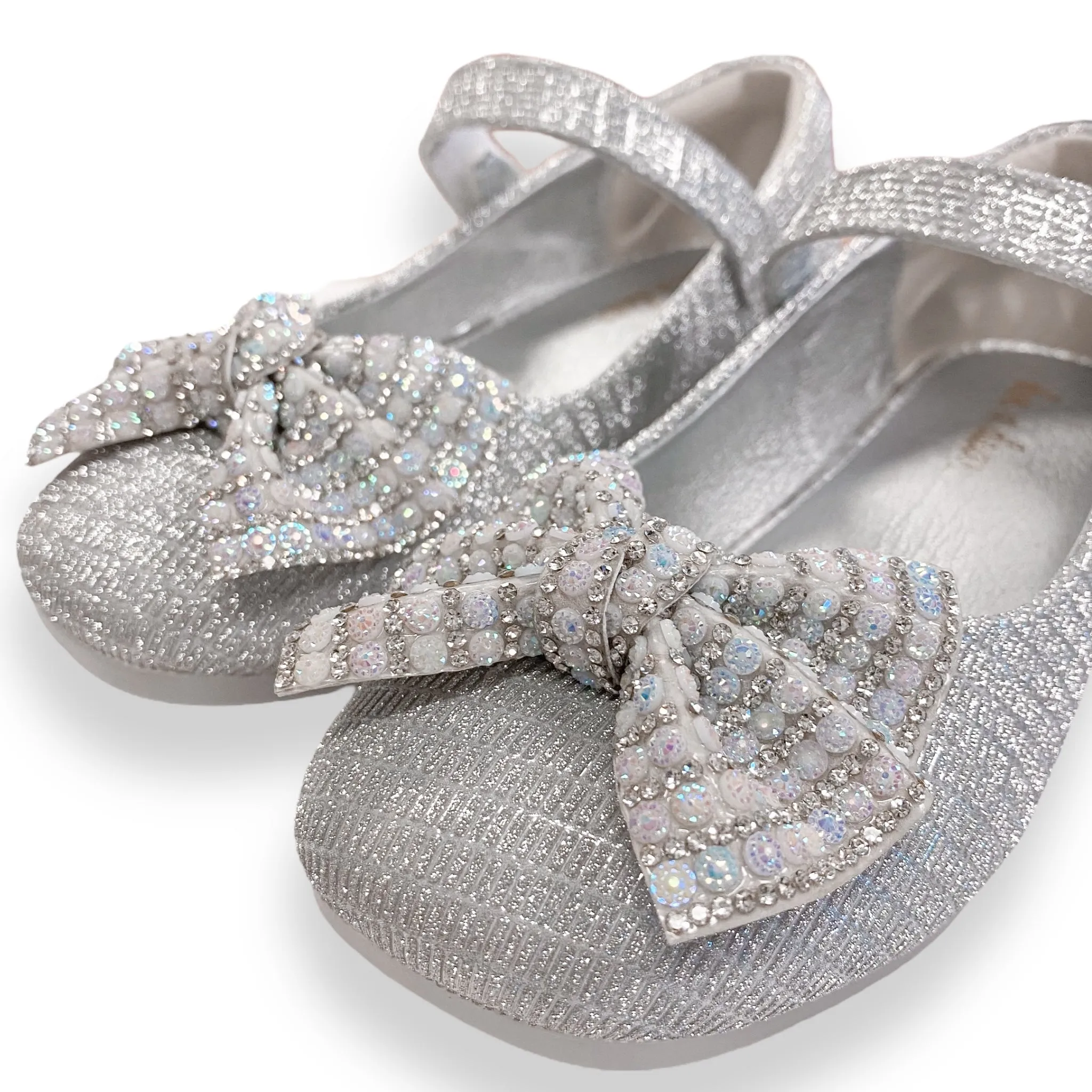 Stud Heel Bow Flat Shoes - Silver