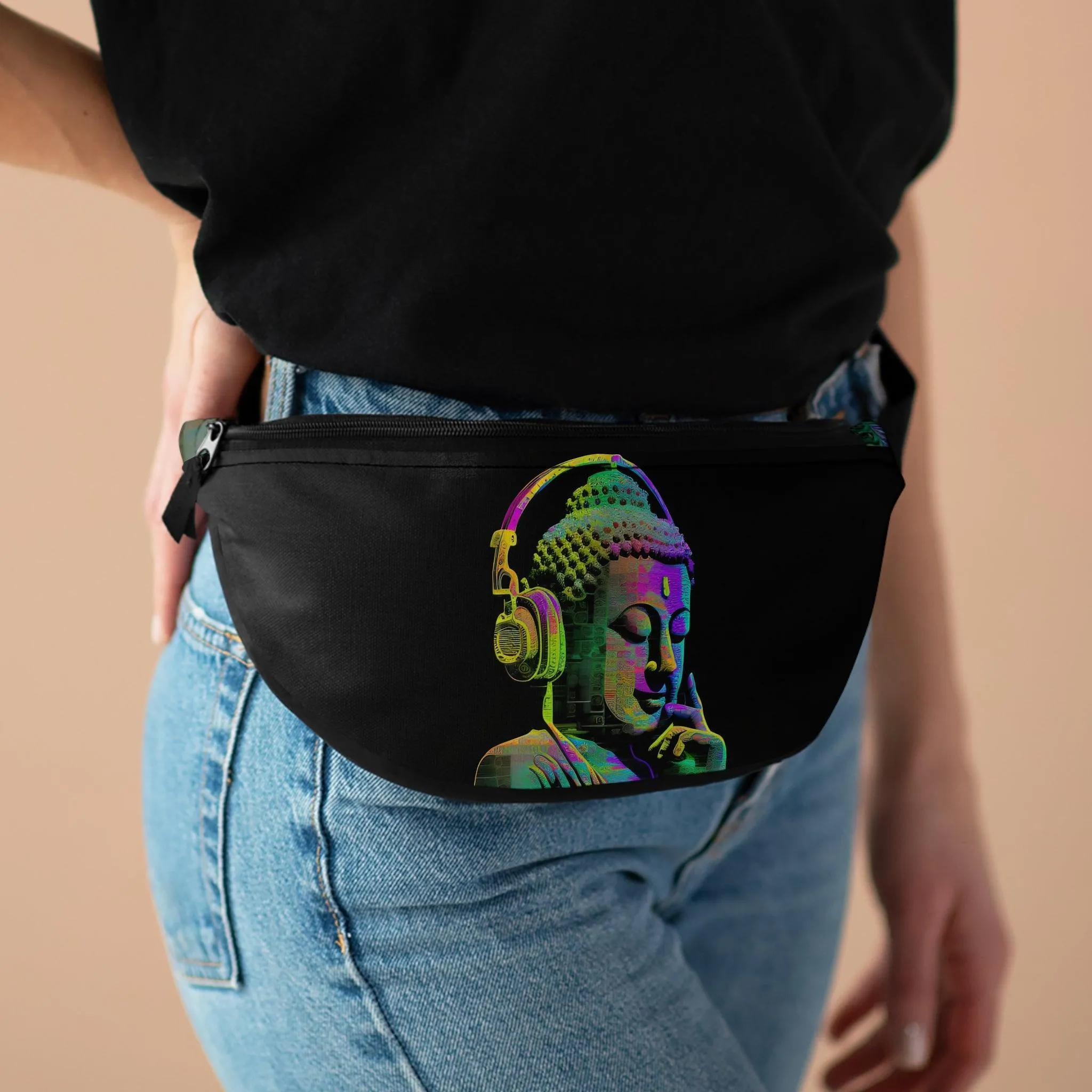 Subtle Smiling Buddha with Headphones Meta Zen Music Tribal Fusion Fanny Pack - Digital AI Art