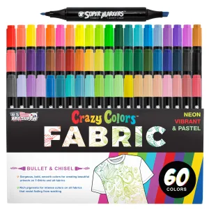 Super Markers 60 Unique Primary, Pastel, Neon Colors Dual Tip Fabric & T-Shirt Marker Set - Double-Ended Fabric Markers with Chisel Point and Fine Point Tips