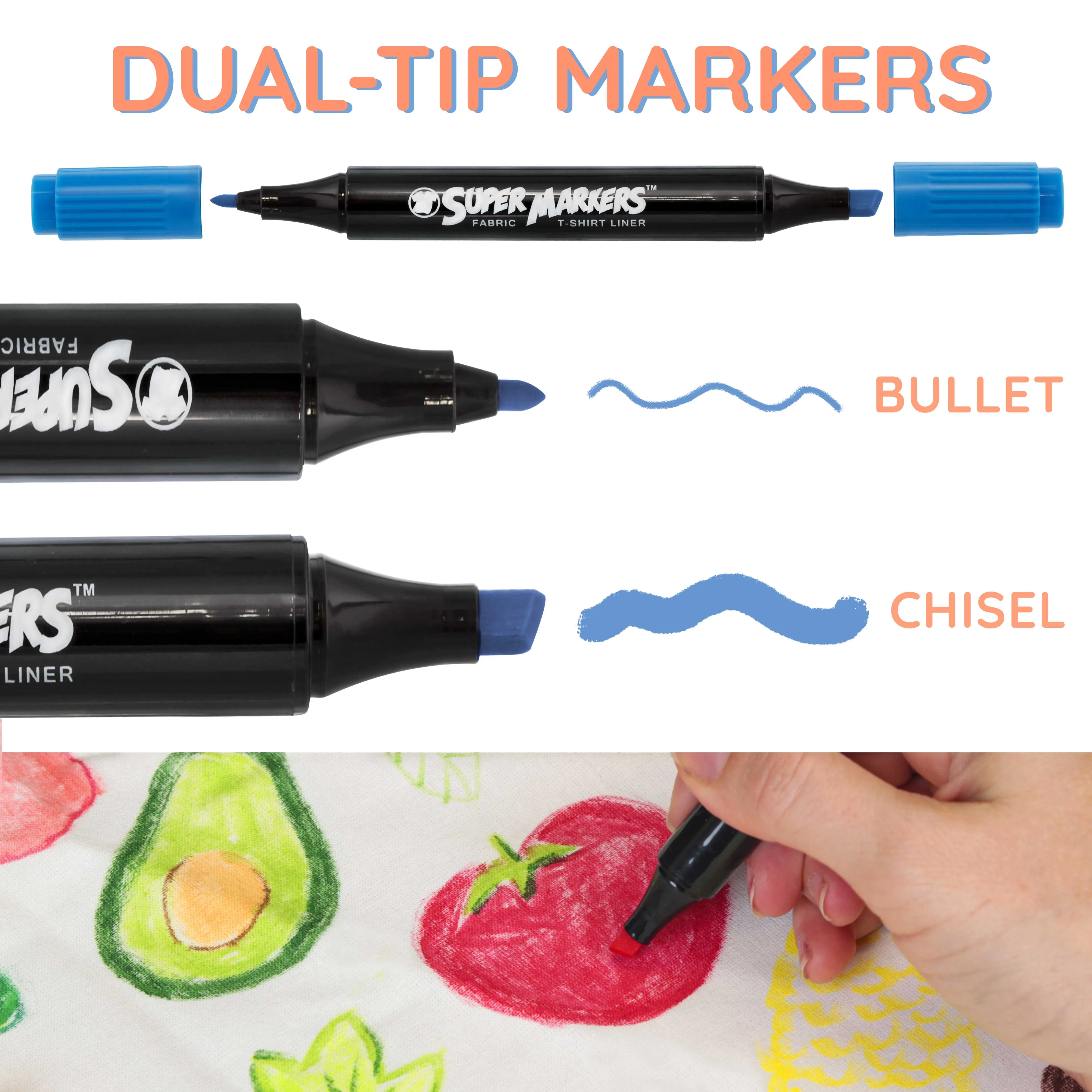 Super Markers 60 Unique Primary, Pastel, Neon Colors Dual Tip Fabric & T-Shirt Marker Set - Double-Ended Fabric Markers with Chisel Point and Fine Point Tips