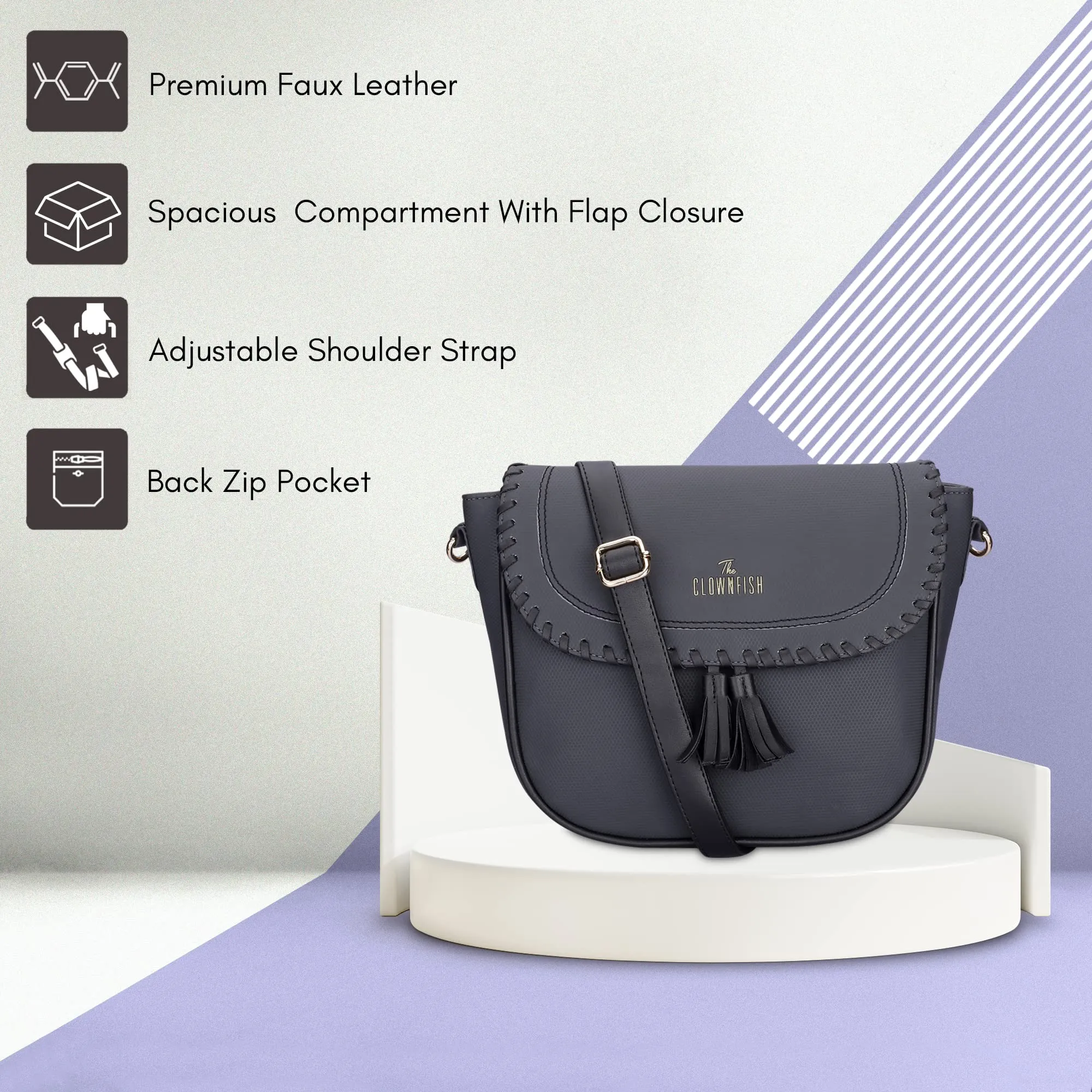 THE CLOWNFISH Rochelle Series Faux Leather Sling Bag for Women Snap Flap Closure Style Casual Single Shoulder Bag For Ladies Crossbody Bag for College Girls (Dark Grey)