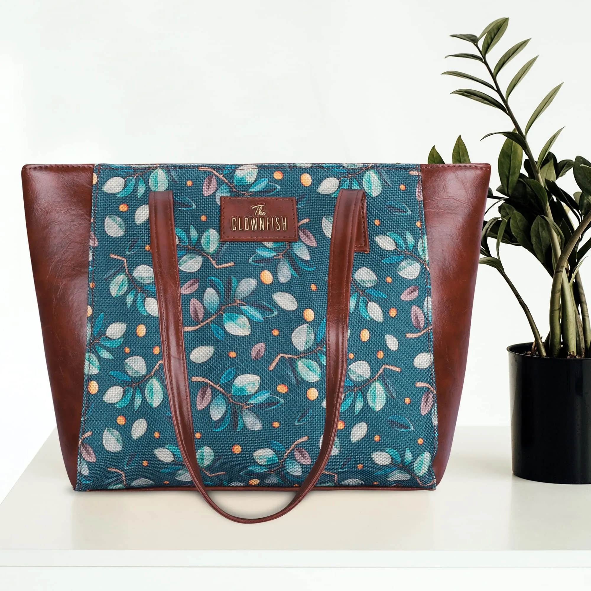 THE CLOWNFISH Valentine Printed Handicraft Fabric & Faux Leather Handbag for Women Office Bag Ladies Shoulder Bag Tote for Women College Girls (Cerulean Blue)