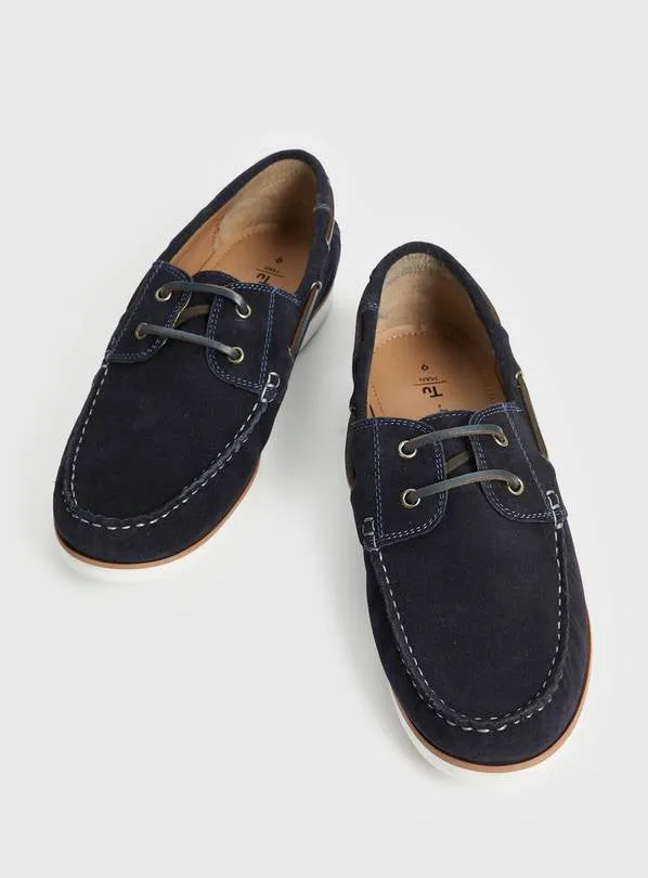 Tu Navy Leather Suede Boat Mens Shoes