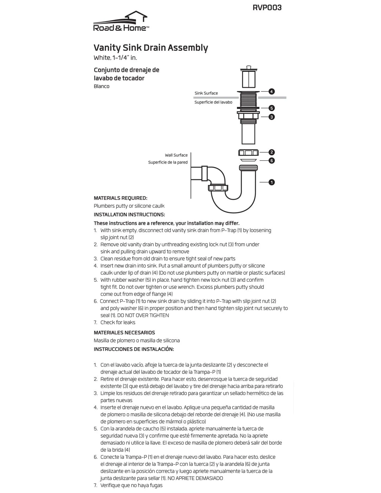 Vanity Sink Drain Assembly, White Finish