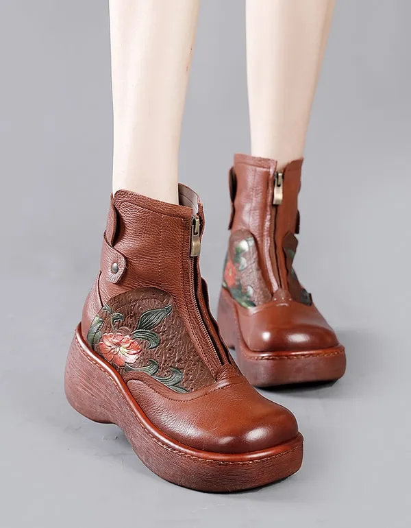 Waterproof Wild Head Retro Leather Platform Boots