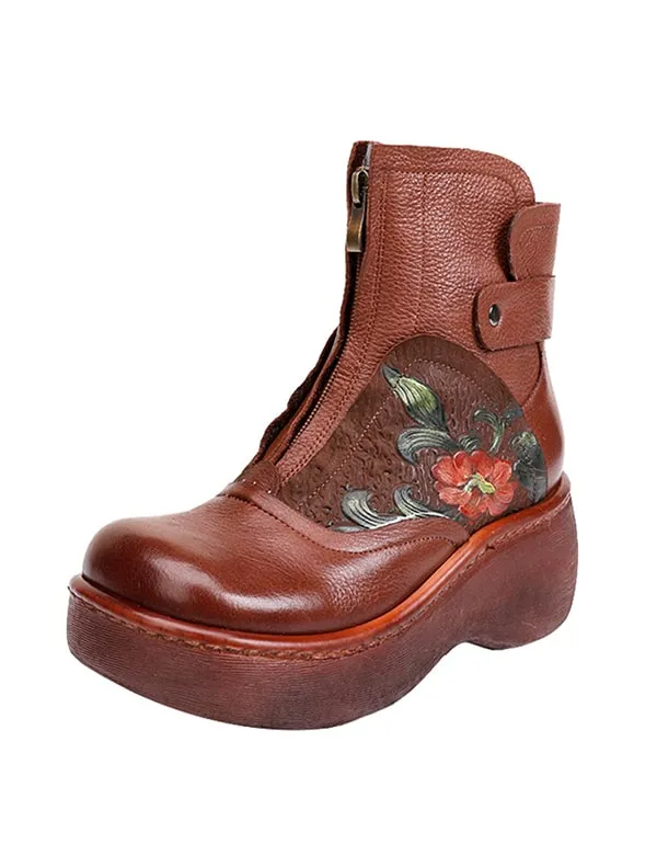 Waterproof Wild Head Retro Leather Platform Boots