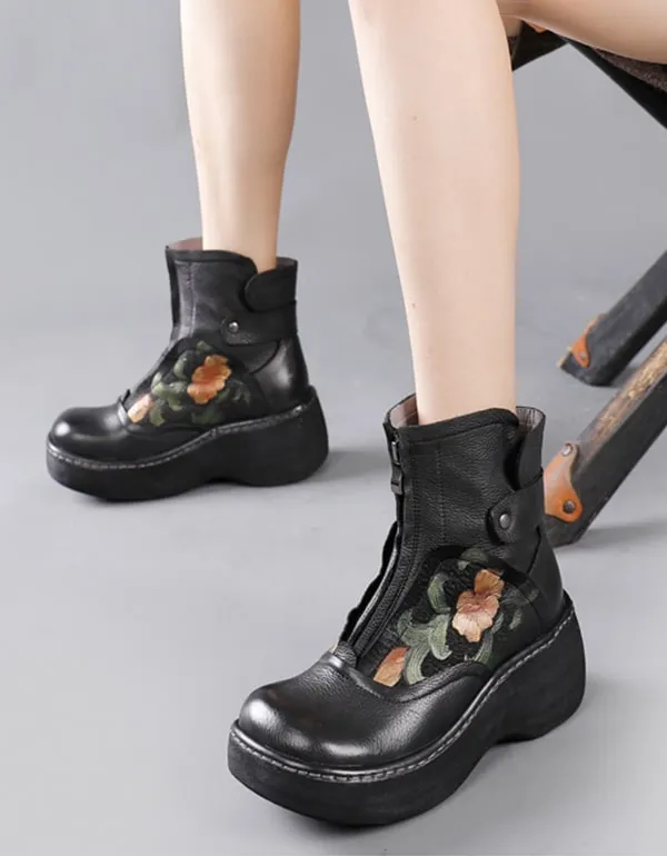 Waterproof Wild Head Retro Leather Platform Boots