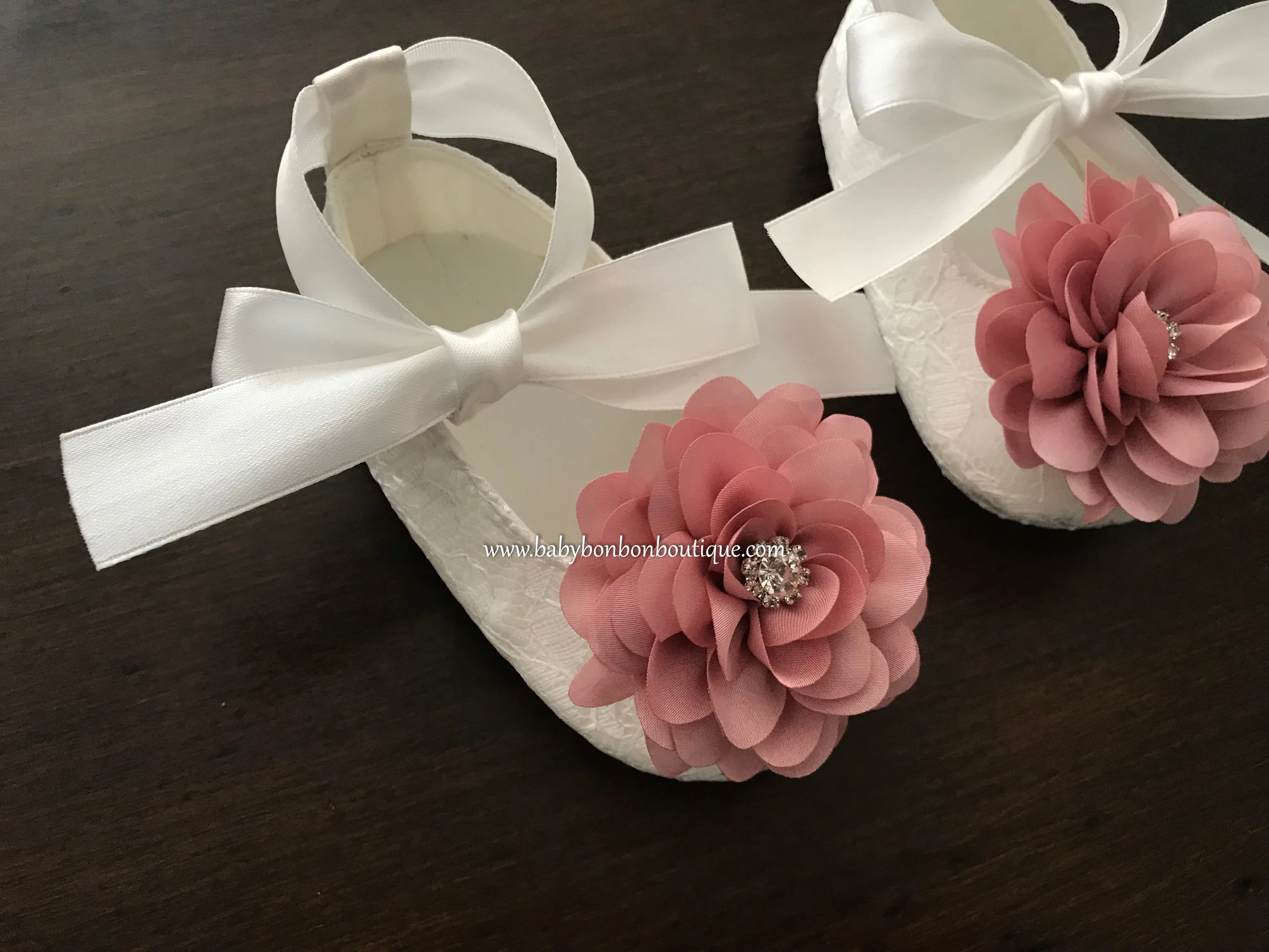 White Baby Girl Baptism Shoes with Dusty Rose Flowers