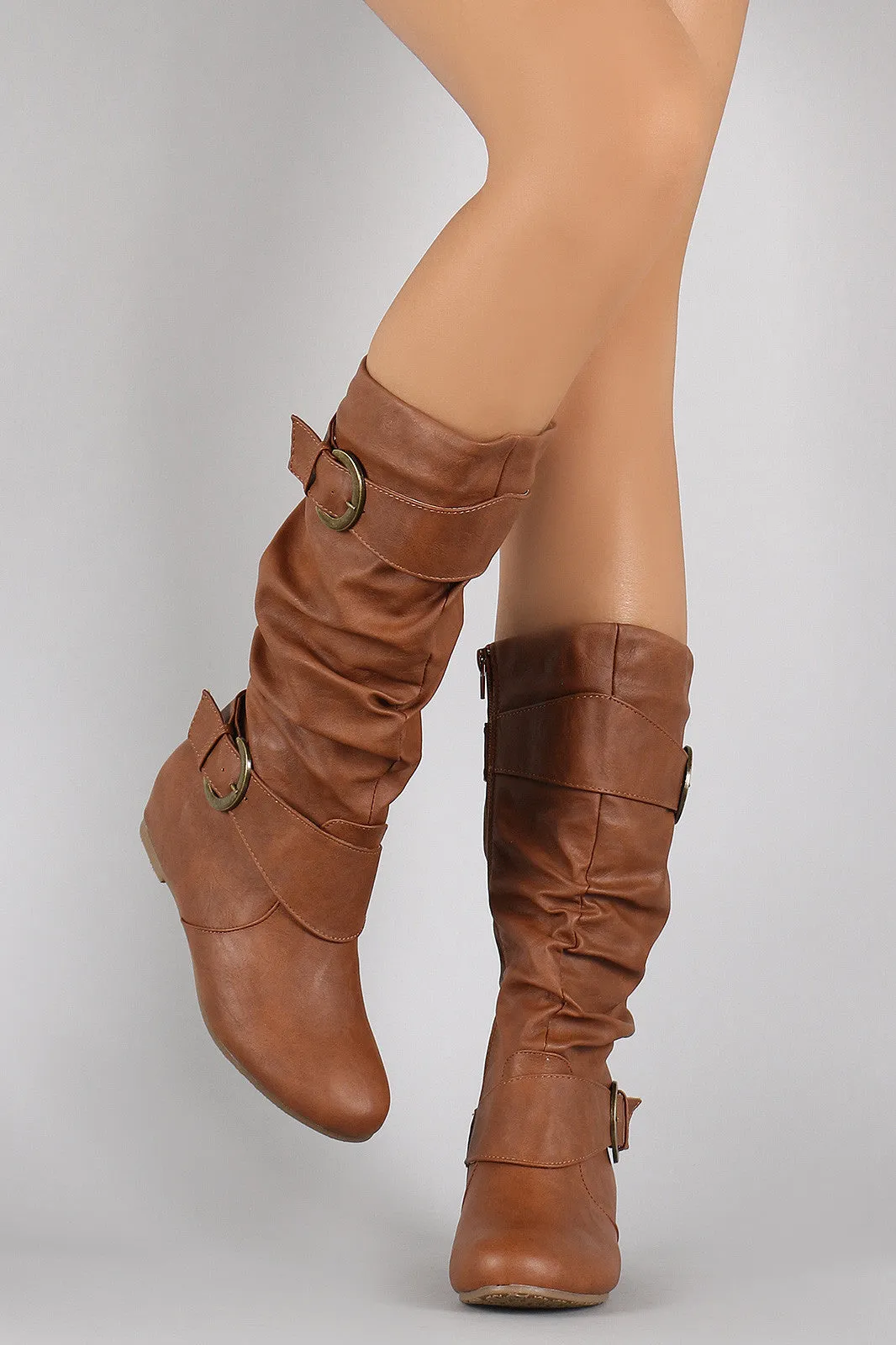 Wild Diva Lounge Buckle Slouchy Wedge Boots