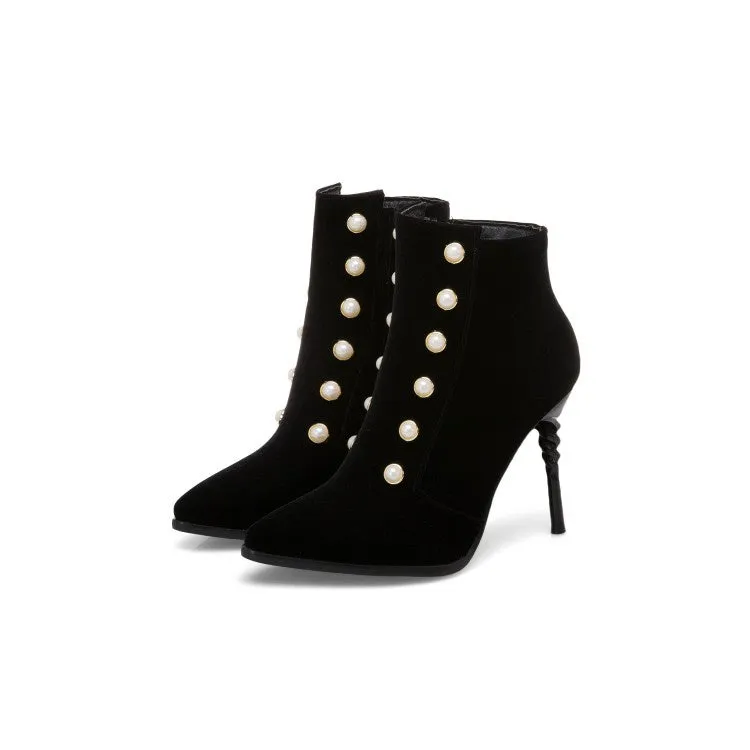 Women Pointed Toe Pearl Stiletto High Heel Ankle Boots